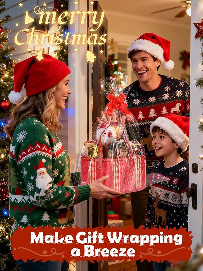 MADHOLLY 4Set Large Bamboo Christmas Baskets for Gifts Empty - 6"x7.5"x11.4" Sturdy Easy to Setup Gift Basket with 4 Clear Bags and Bows, for Thanksgiving, Housewarming Party Gift Wrapping