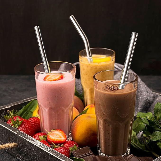 8.5 in Stainless Steel Smoothie Straws, 0.47" Extra Wide Reusable Metal Drinking Straws for Milkshake, Bubble Tea, Beverage, Straight & Bent Straws