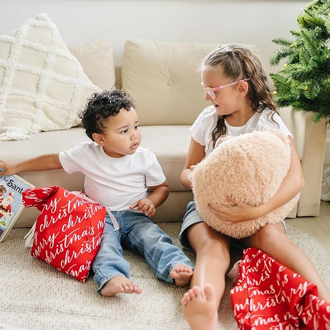 Gather & Knot Drawstring Christmas Gift Bags | 20" Large 16" Medium | Premium Canvas | Reusable Fabric Wrap for Holidays | Mix & Match | Red Merry Christmas