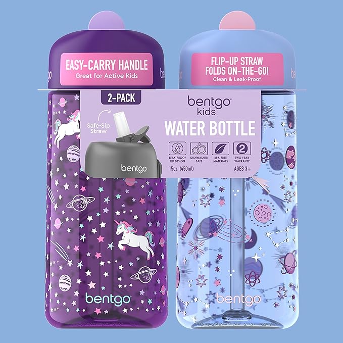 Bentgo Kids Water Bottle 2-Pack - Leak-Proof, Durable Tritan, BPA-Free 15 oz. Cup for Kids/Toddlers Ages 3+, Safe Sip Spout, & Dishwasher Safe for School/Sports/Daycare/Camp (Unicorn/Lavender Galaxy)