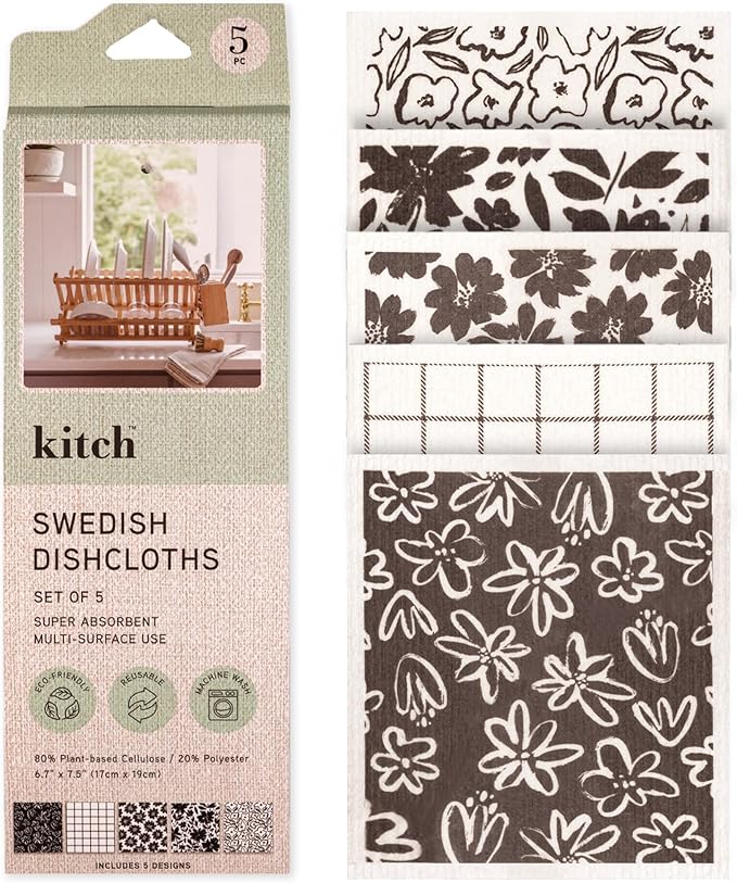 MosJos Swedish Dishcloths, Vintage Plant-Based Cellulose, 6.7x7.5 Inch, Super Absorbent, Multi-Surface, Machine Washable, Reusable, 5 Pack (Brown White)