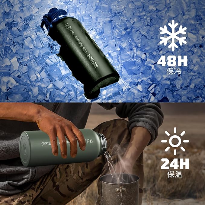 ONETIGRIS 32 oz Insulated Water Bottle with Straw - Tactical Stainless Steel Water Jug, Leakproof Thermos Wide Mouth Sport bottle with 3 Lids and Sleeve for Travel, Gym, Camping, Hiking
