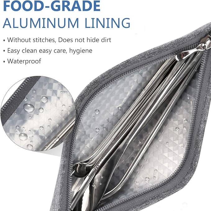 Aosbos Reusable Straws Carrying Case Stainless Steel Straws Pouch Metal Straws Bag Silicone Straws Case Chopsticks Case Portable Cutlery Set POUCH Travel Utensil Sets CARRYING CASE, Grey