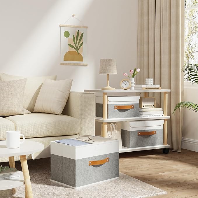 OUTBROS Large Collapsible Storage Basket with Lid, Linen Fabric Containers, Wardrobe Organiser For Towels, Clothes, 13 x 9.1 x 7.9 inch, White/Grey, 5-Pack