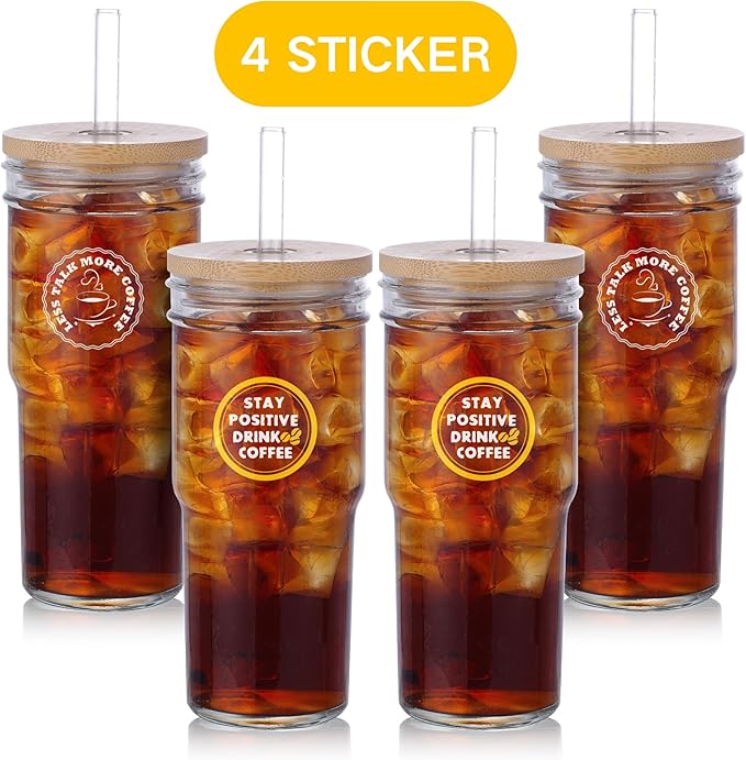 2 Pcs Glass Cups with Lids and Straws, 20oz/600ml Ice Glass Coffee Cups with Lids, Reusable Wide Mouth Tumbler with & Leakproof Metal Lid & Eco Bamboo Lid & Cleaning Kit