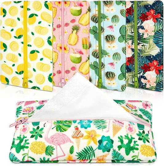 Sherr 5 Pieces Tissues Purse Pocket Tissue Holder Reusable Travel Tissue Pouch Fabric Zipper Enclosed Small Size Flower Pattern Tissue Holder for Purse Coins for Summer, 5.25 x 3 Inch