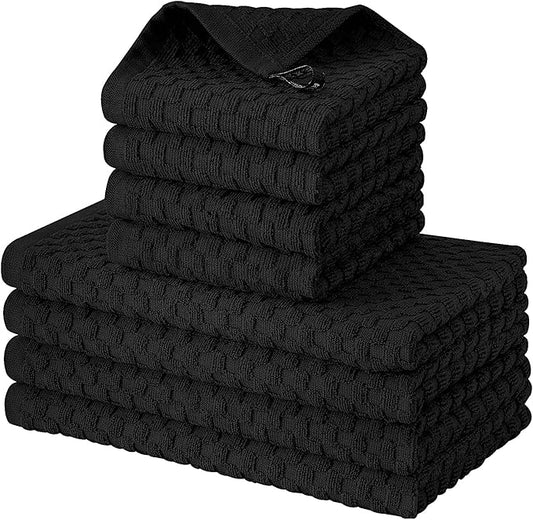 Fintale 100% Cotton Kitchen Towels and Dishcloths Set, 12 x 12 & 15 x 25 Inches, Set of 8 Bulk Super Soft and Absorbent Terry Cloth Dish Towels, Quick Drying Hand Towels with Hanging Loop, Black