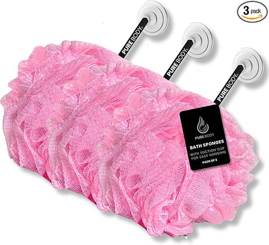 Large Bath Sponge Pack of 3 – Gentle Exfoliation Loofahs with Suction Cup, 70G Mesh Poufs for All Skin Types, Lather for Daily Use (Light Pink)