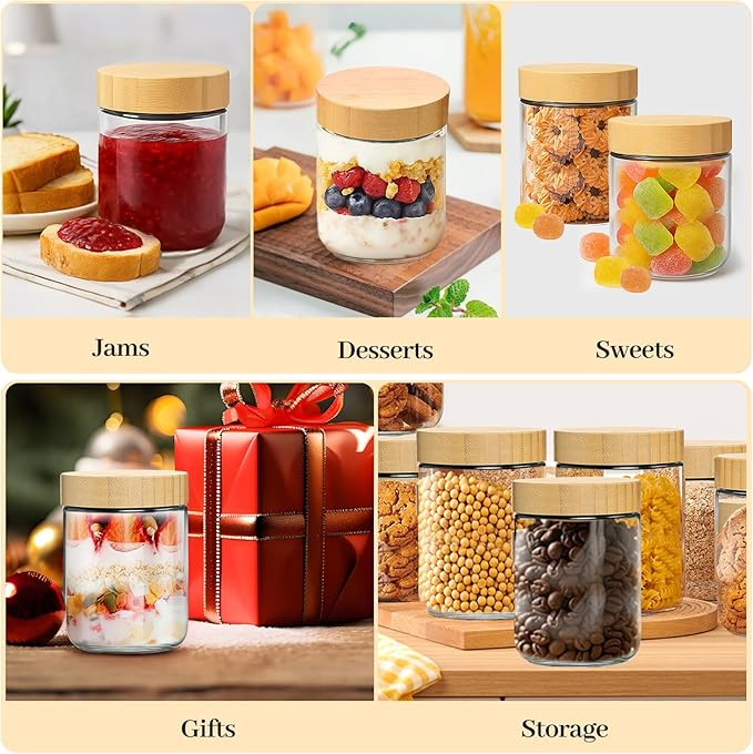 4 Pack 16oz Glass Jars with Bamboo Lids, Spoons, Airtight Overnight Oats Containers, Wide Mouth Mason Jars, Food Storage Container for Yogurt Salad Snacks Spice Sugar Meal Prep – Reusable