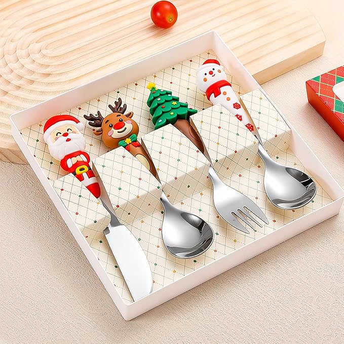 Christmas Utensil Set | Reusable Portable Cutlery Set | Stainless Steel Knife Fork Spoons Gift Box | Includes Themed Utensils (Tree/Santa/Deer/Snowman) | Ideal Christmas Gift