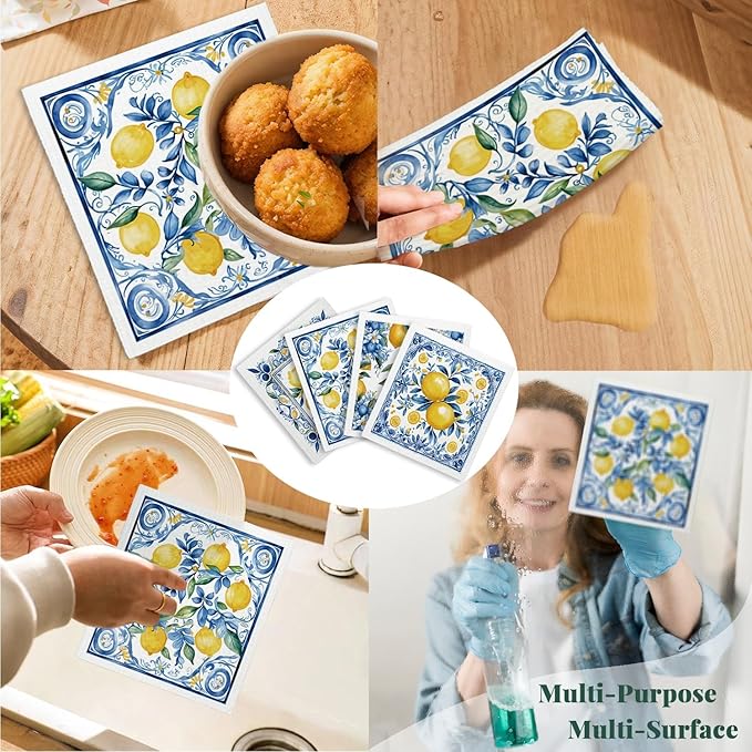 Swedish Dishcloths for Kitchen, Papaya Reusable Paper Towels Washable, Summer Lemon Vintage Floral Swedish DishCloths for Friut, 4 Pack Dish Towels for Kitchen, No Odor Cleaning Cloths