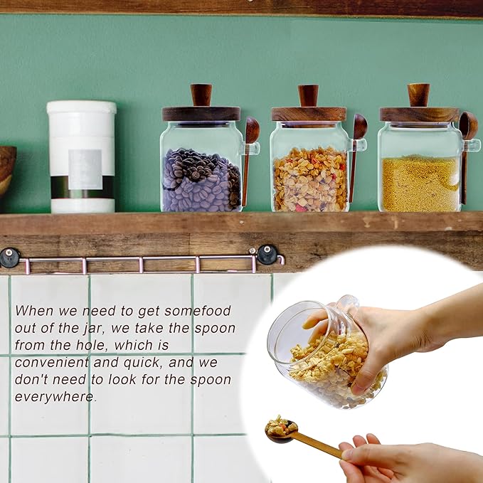 3PCS Spice Jars Overnight Oats Containers with Airtight Lid and Wooden Spoon,17 OZ Glass Food Storage Canisters, Glass Jars for Coffee Bean, Sugar, Dry Goods,Cookie,Candy,Cereal,Tea,Salt