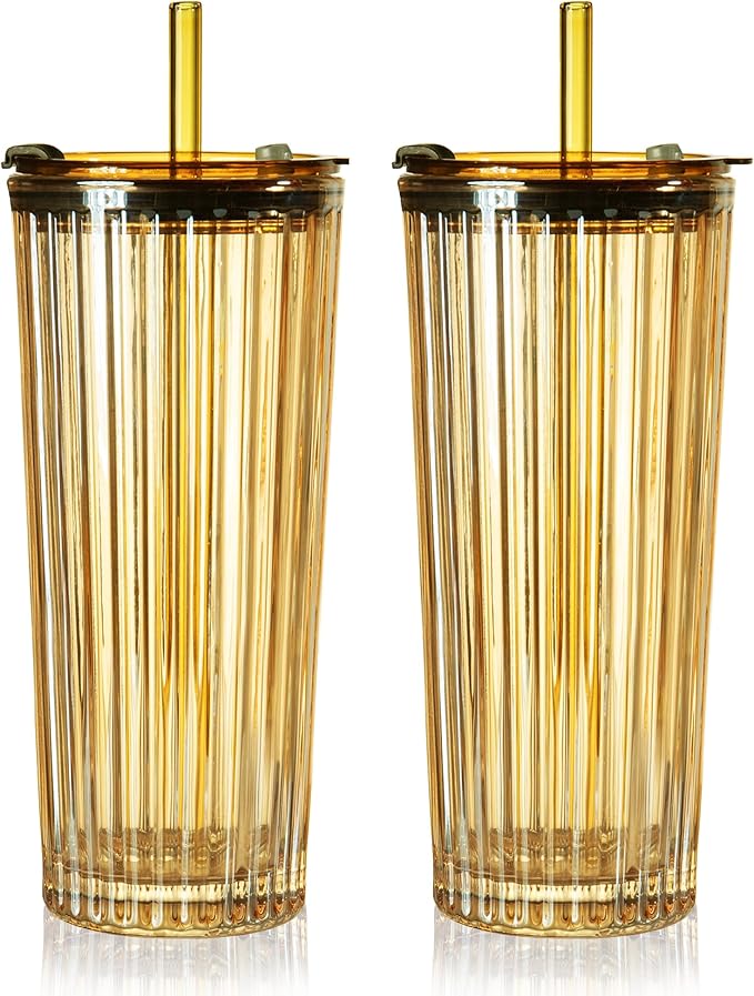 Puraville 2 Pack 18oz Glass Cups with Lids and Straws, Vintage Ribbed Striped Thickened Glassware for Whiskey Cocktail Beer, Mason Jar Drinking Glasses Tumbler Iced Coffee Cup, Amber