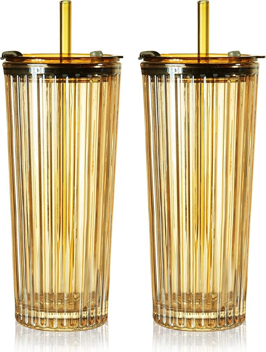 Puraville 2 Pack 18oz Glass Cups with Lids and Straws, Vintage Ribbed Striped Thickened Glassware for Whiskey Cocktail Beer, Mason Jar Drinking Glasses Tumbler Iced Coffee Cup, Amber