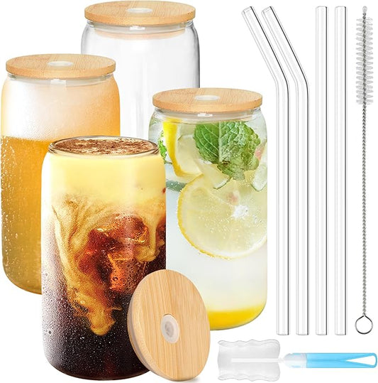 Drinking Glasses with Bamboo Lids and Glass Straw 4 pcs set,16oz Glass Cups with Lids and Straws,Iced Coffee Glasses,Cute Tumbler Cups for Soda,Coffee Cups