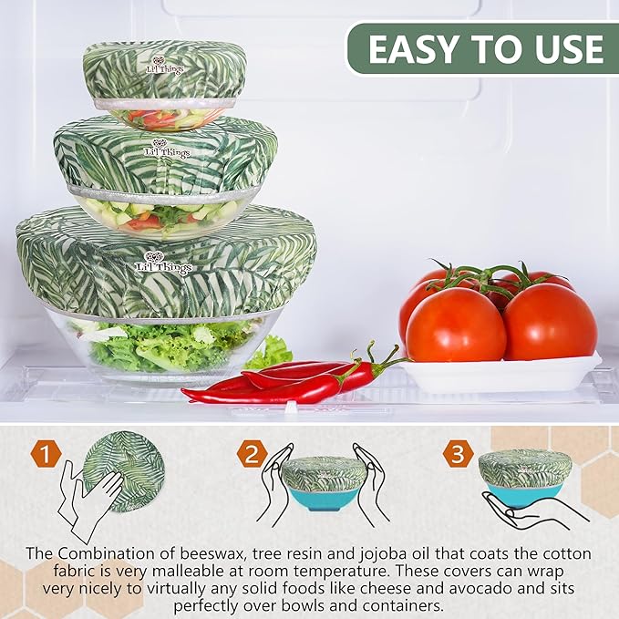 Li’l Things Beeswax Bowl Covers – Set of 5 (XS–XL) | Palm Leaves | Tropical Reusable Food Wraps | Organic Cotton, Beeswax, Washable & Plastic-Free Kitchen Storage Covers