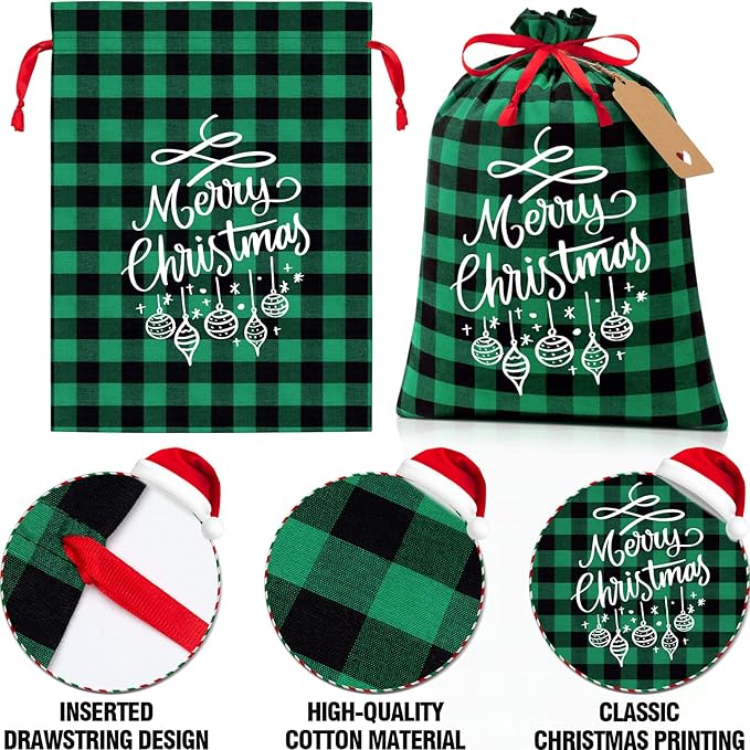 10 PCS Christmas Drawstring Gift Bags with Tags, Buffalo Plaid Xmas Gift Bags Assorted Sizes Bulk, Cotton Fabric Holiday Gift Bag Large Medium Small Wrapping Bag for Xmas Presents Decor Party Favors