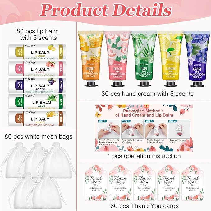 80 Sets Bulk Hand Cream and Bulk Lip Balm Gifts, Stocking Stuffers for Women, Bridesmaid Gifts, Christmas Gifts for Guests with Thank You Card and Organza Bags, Thank You Gifts for Coworkers Women