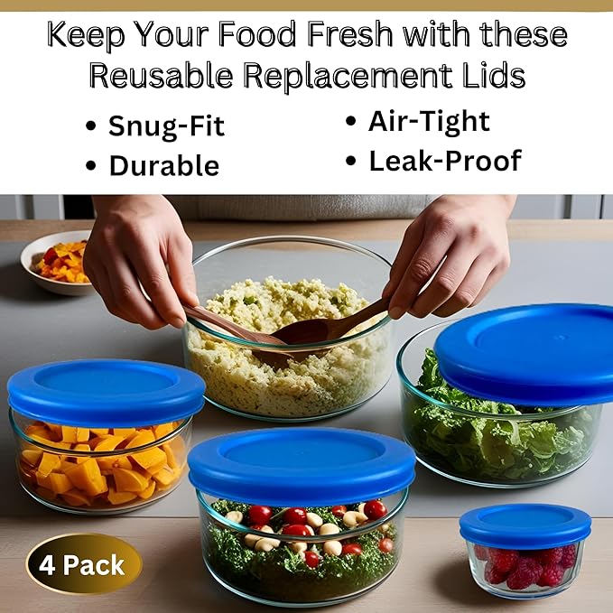 1, 2, 4 & 7 Cup Blue Replacement Lids/Covers for Pyrex, Anchor Hocking & KlareWare Storage Bowls *Lids Only Glass Container Not Included* (4 Pack *One of Each Size*)