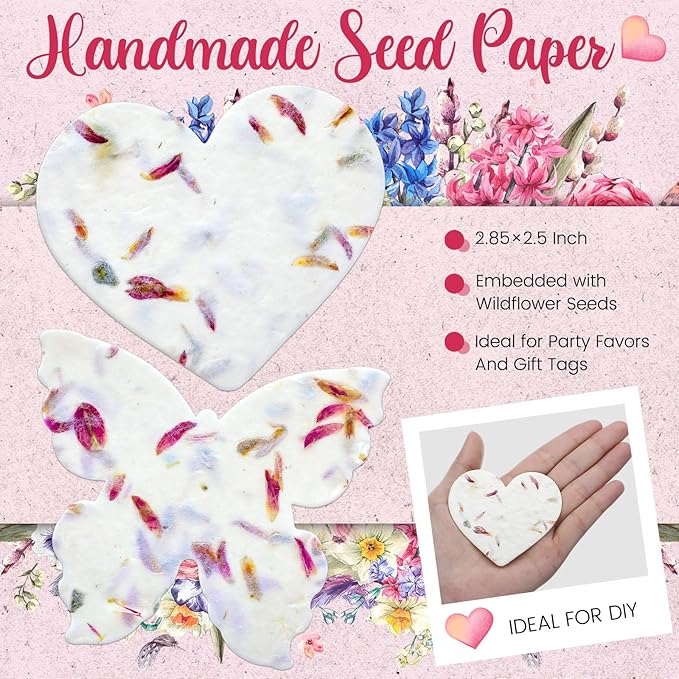 200 Pcs Handmade Seed Paper Plantable Wildflower Seed Paper Recycled Flower Petals Tags Wedding Favors for Guests Craft Gifts Cards for Envelope Birthday Party, 5 Styles (Heart/Butterfly)