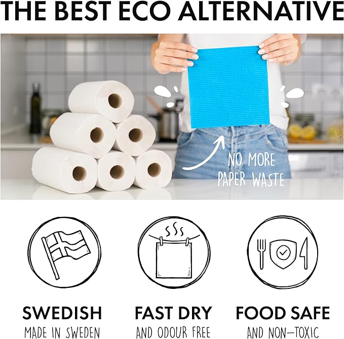 SUPERSCANDI 6 Pack Swedish Dishcloths for Kitchen - 100% Biodegradable & Compostable Reusable Paper Towels Washable, Food-Safe & Without Plastic - Dish Rags Suitable for Any Surface, Apple Green