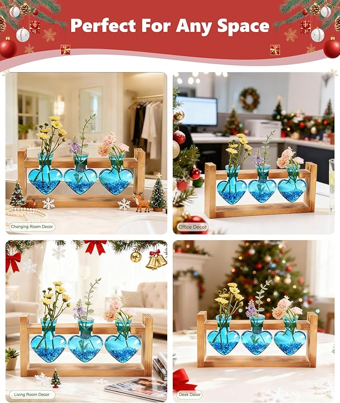 Nacome Plant Terrarium Propagation Stations: Air Planter 3 Bulb Glass Heart Shaped Vase with Wooden Stand for Hydroponics Home Office Decor - Christmas Gifts for Plant Lovers Women Mom Wife