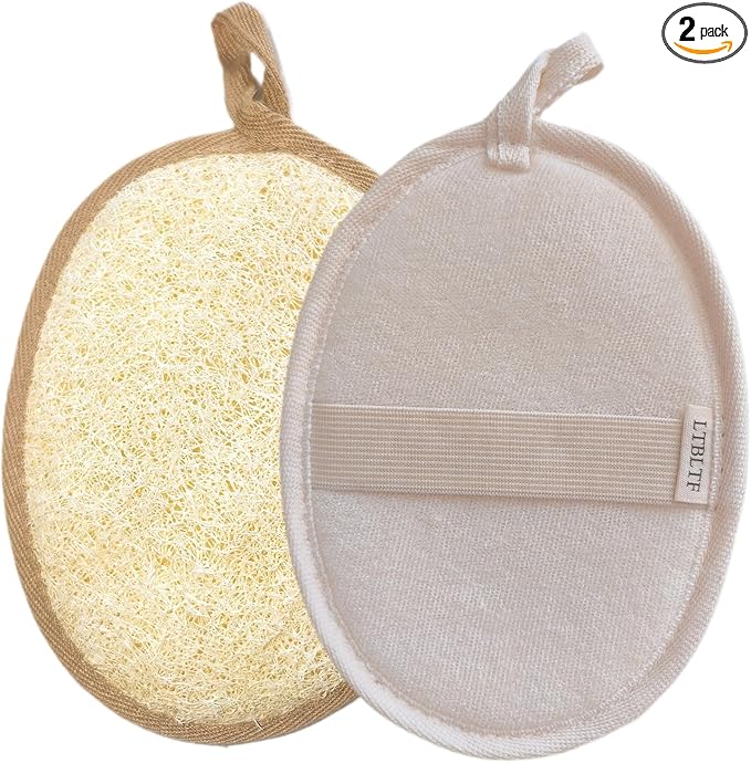 Natural Loofah Bath Sponge Set of 2 ，Exfoliating Body Scrubber，Large Size 7.1"x5.1" Oval Dual-Color (White & Brown) ，Men's and Women's Styles, Spa-Grade Couple Gift，Eco-Friendly Shower Gift