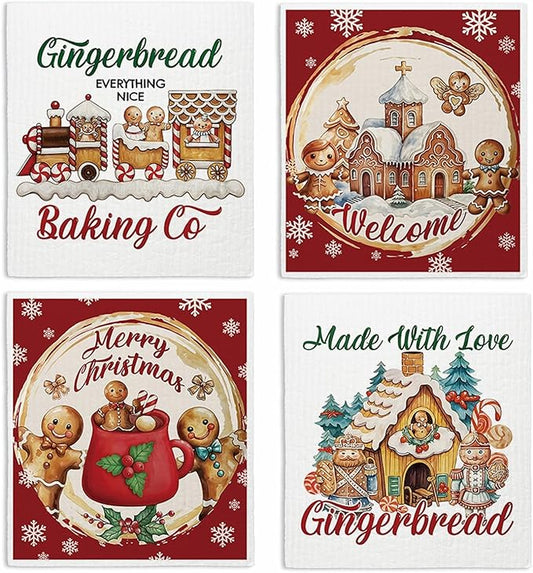 Swedish Dishcloths for Kitchen, Christmas Xmas Gingerbread Red Kitchen Dish Towels for Washing Dishes, 4 Pack Reusable Paper Towels, Sponge Cloths for Winter Home Cleaning Baking Cooking