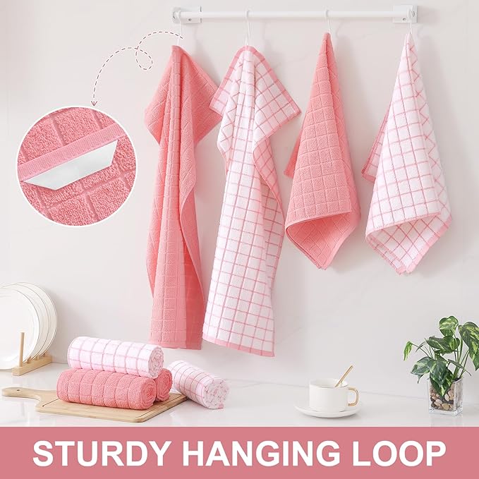 Homaxy Premium Cotton Kitchen Towels 16"x 28", Large Natural Ring Spun 390 GSM Dish Towels, Super Absorbent Terry Kitchen Hand Towels, Soft Tea Towel with Hanging Loop, Pink Check Design, 6 Pack