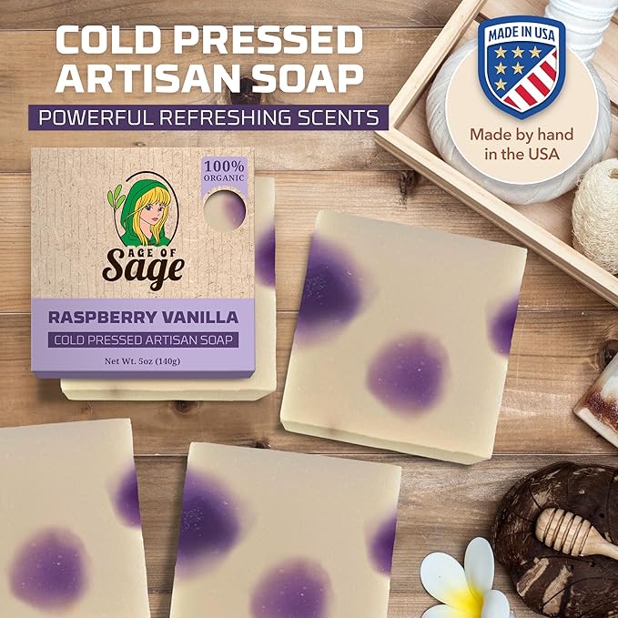 Natural Bar Soap Gift Set for Women - Vegan Bath Handmade Cold Process Artisan Soap with Essential Oil, All Moisturizing Wash Soaps, Fragrant Raspberry Vanilla Scent (4 Pack)