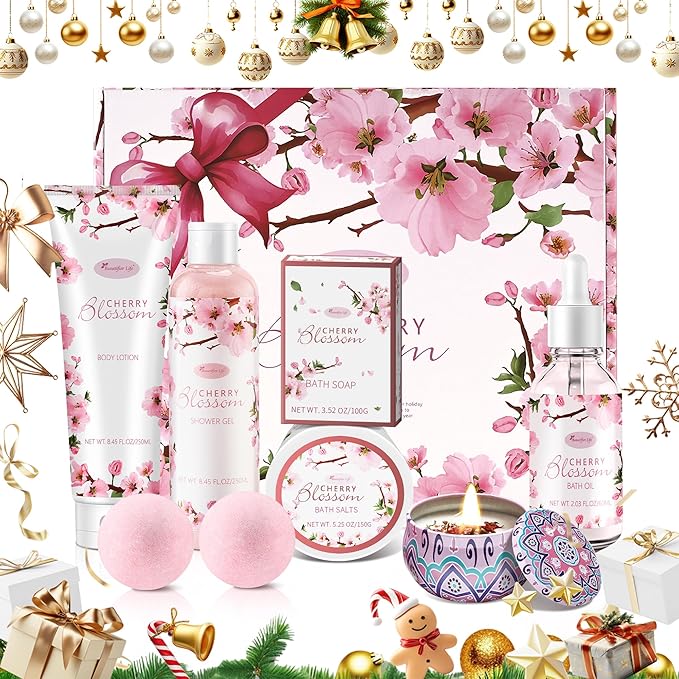 Bath and Body Gift Set for Women - Luxurious Home Spa Gift Set,Japanese Cherry Blossom 7-Piece Set Including Shower Gel,Body Lotion,Bath Oil,Bath Salt,Soap,Bath Bombs and Candle