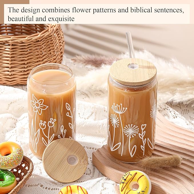 Mumufy Gift for Women Cute Glass Cup Tumbler Flower Iced Coffee Mugs 16 oz Glass with Bamboo Lid & Straw, Mothers Day Birthday Gift for Mom Sister Bridesmaid Baby Shower(2 Pack,Boho Flower)