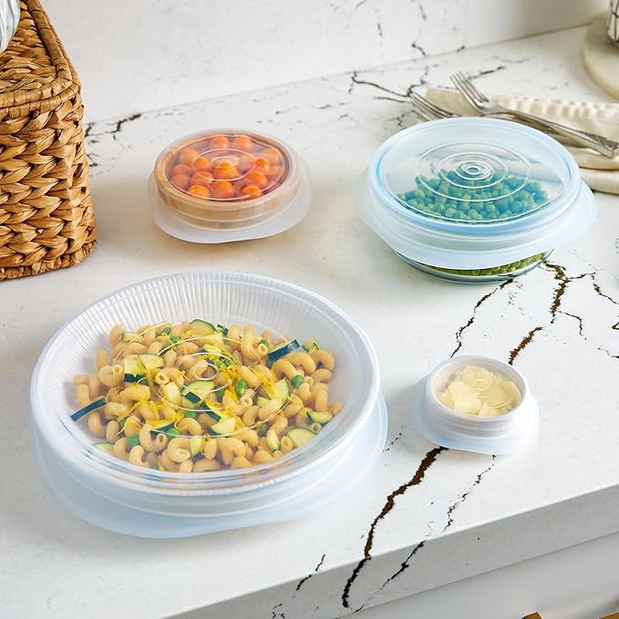 Stasher Premium Reusable Silicone Stretch Lids Variety 4-Pack, Clear, 9", 6.5", 4.5", 2.5", Airtight Seal, Food Container Covers, BPA Free, Leak-free, Dishwasher Safe, Microwave Safe, Eco-Friendly