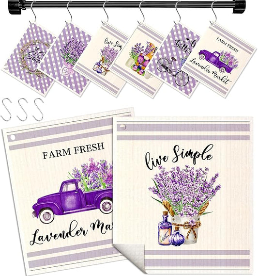 Kitchen Swedish Dishcloths with Hooks - 6 Pack Reusable Dish Cloths for Washing Dishes Fast Drying Cute Fun Swedish Dish Towels Washable Cleaning Sponge, Bicycle Lavender