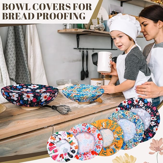 10 Pack Cloth Bowl Covers for Bread Rising - 5 Size Stretch Elastic Food Storage Container Lids - Reusable Cotton Fabric Covers for Food, Fruits, Leftovers (Flower)