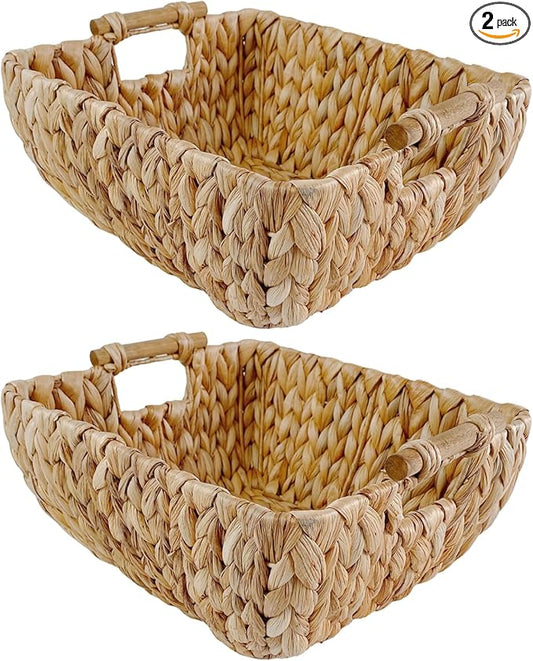 Small Rectangular Handwoven Wicker Basket - Water Hyacinth Storage Baskets with 2 Polished Wooden Handles for Store Hand Towel, Fruits & Veggies etc – 12.25"x7"x4.75" - Pack of 2 - Natural