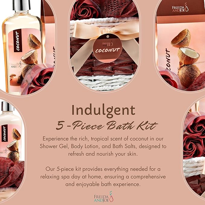 Coconut Spa Gift Basket, 6-Piece Bath & Body Set with Shower Gel, Body Lotion, Bath Salts, Soap Flowers, Bath Sponge in a Wicker Basket (Pink & Brown Set)