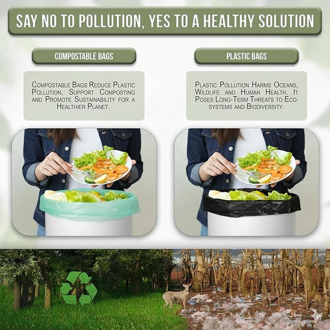 Super Durable Biodegradable Compostable Trash Bags 13 Gallons / 49.2 Liter, Green Biodegradable Trash Bags 80 Pcs, Small Kitchen Compost Bags for Countertop Bin, BPI & OK Compost Certified