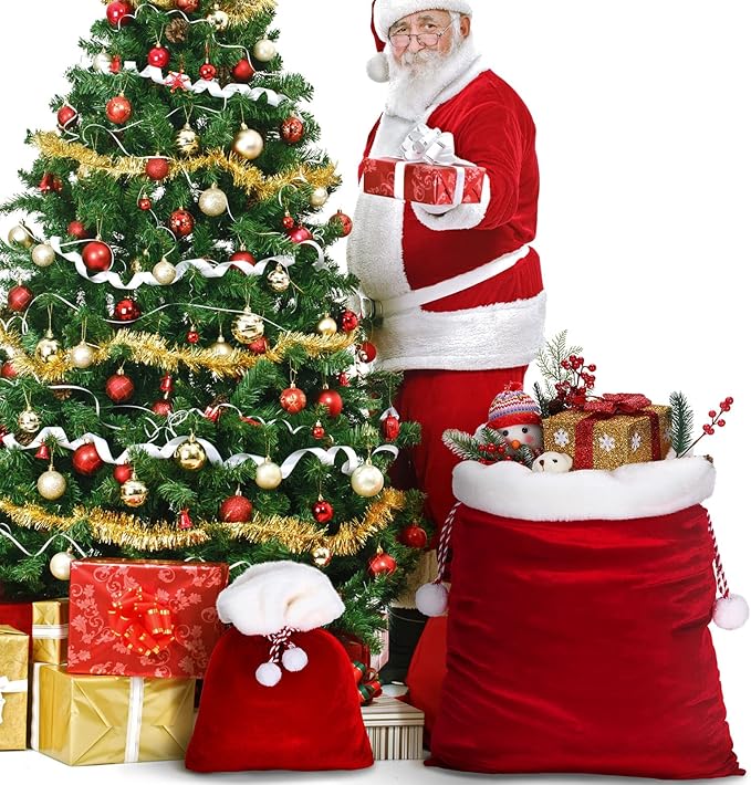 Shappy 2 Pieces Christmas Velvet Santa Bags with Drawstring in 2 Size Large Christmas Bags Santa Gift Sack for Xmas Playing Present Toy(Red)