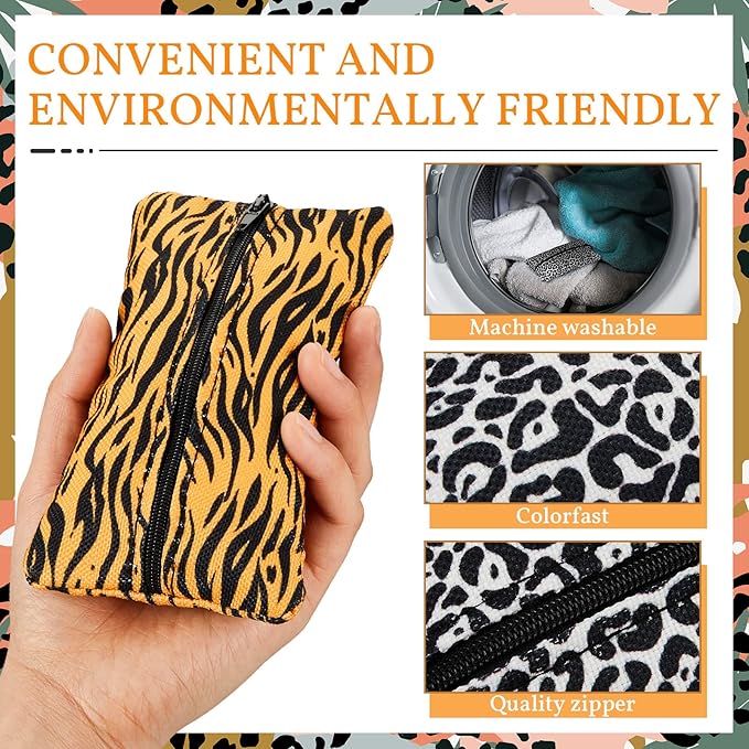 Kigeli 2 Pieces Purse Tissue Holder Travel Tissue Pouch for Purse Fabric Zipper Enclosed Pouches Reusable Flower Pattern Paper Holder for Coins, 5.25 x 3 Inches(Leopard Print, Gold Zebra)