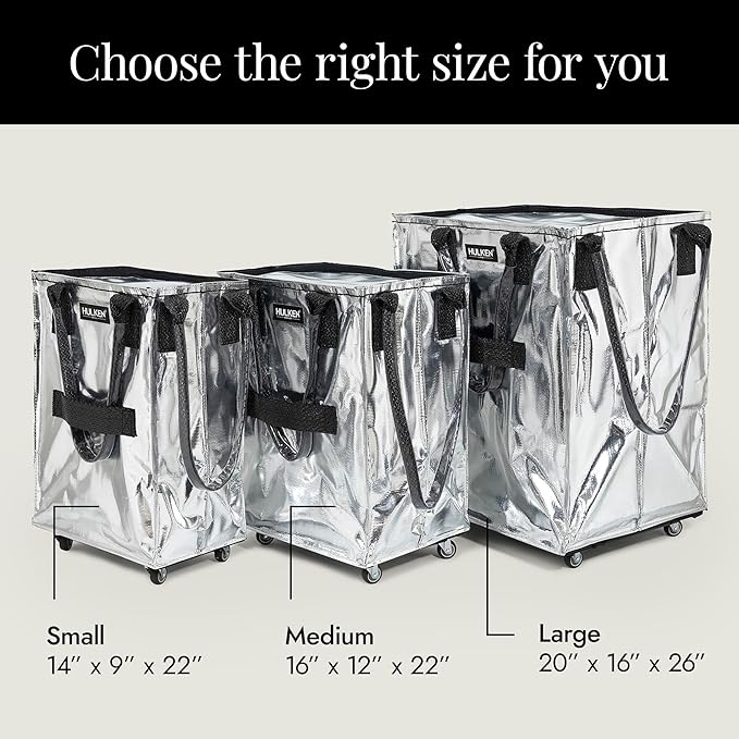 HULKEN (Small, Silver) Reusable Grocery Bag On Wheels, Shopping Trolley, Rolling Tote, Zipper Closure, Lightweight, Carries Up to 66 lb, Folds Flat