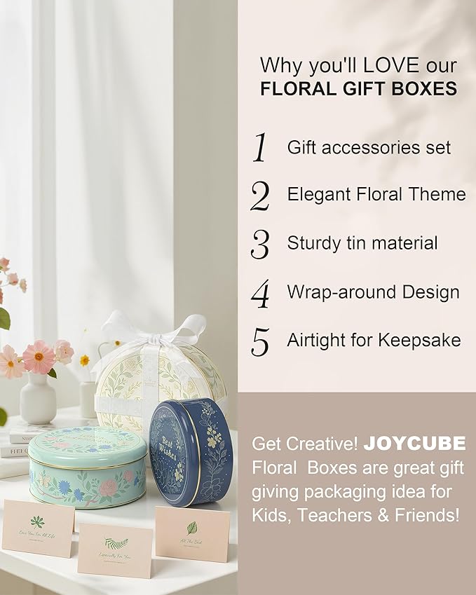 Floral Cookie Tins with Lids – Set of 3 Round Metal Storage Containers, Elegant Reusable Gift Boxes for Cookies, Treats & Keepsakes – Decorative Nesting Tin Set for Home & Kitchen