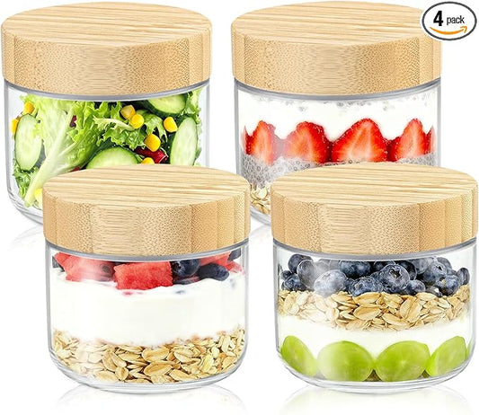 DRKIO 10 Oz Overnight Oats Containers with Bamboo Lids - 4 Pack Glass Storage Jars with Airtight Lids Wide Mouth Mason Food Jars Great for Meal Prep Salad Chia Pudding Snacks Yogurt Sugar Spice
