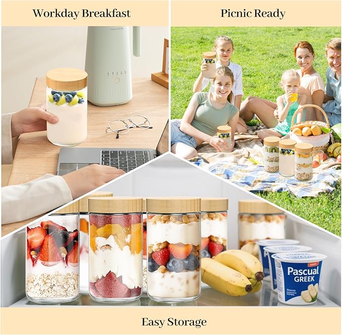 4 Pack 24oz Glass Jars with Bamboo Lids, Spoons, Airtight Overnight Oats Containers, Wide Mouth Mason Jars, Food Storage Container for Yogurt Salad Snacks Spice Sugar Meal Prep – Reusable