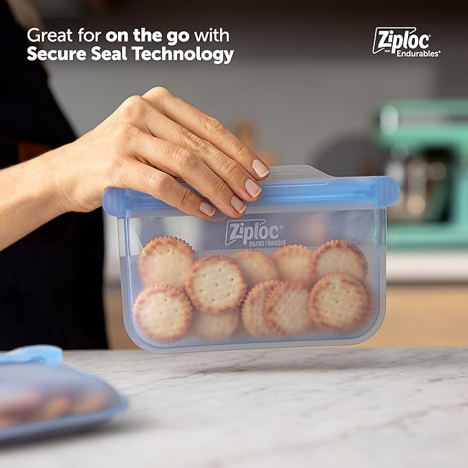 Ziploc Endurables Small Pouch, 1 Cup, Reusable Silicone Bags and Food Storage Meal Prep Containers for Freezer, Oven, and Microwave, Dishwasher Safe, 2 Pack