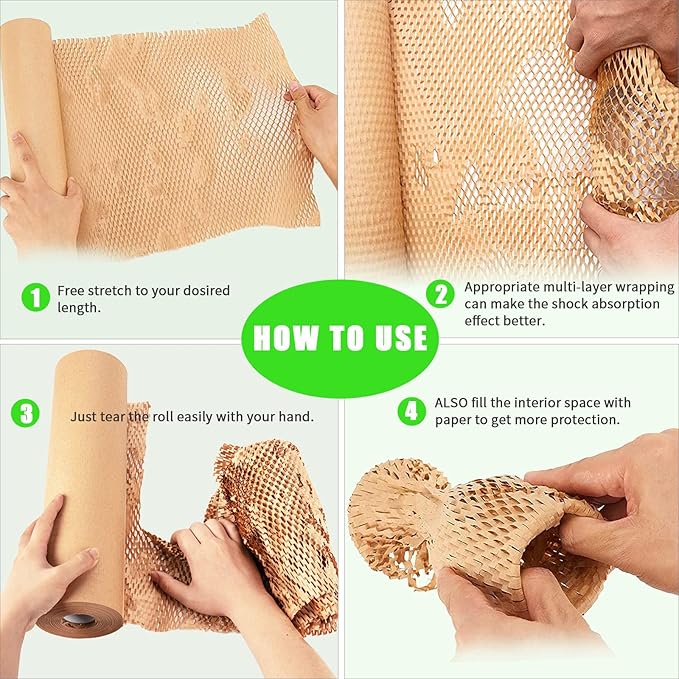 Honeycomb Packing Paper, MINHAO 15"x300' Eco Friendly Packing Paper for Moving Recyclable Honeycomb Paper Moving Supplies Bubble Paper Wrapping Protective Roll, With 36 Fragile Sticker Labels