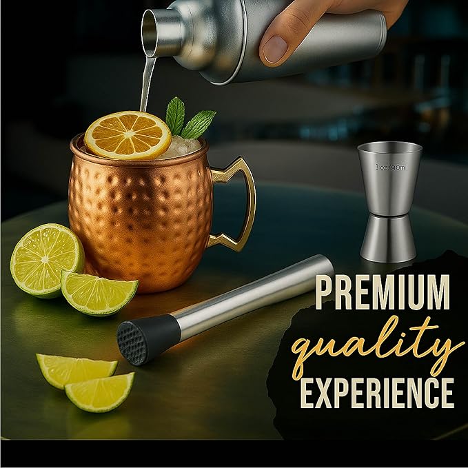 Moscow Mule Kit Gift Set - 2 Copper Moscow Mule Mugs - 11 Botanicals - Stainless Steel Shaker & Jigger - Mudder - Recipe Book -Cocktail Kit - Basket Gifts for Women - Unique Accessories for Infusion