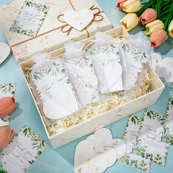 50 Sets Wedding Gifts for Guests Heart Shaped Seed Paper Baby Shower Seed Packet Party Favor Plantable Paper Thank You Cards and Organza Bags for Bridal Shower Party Favors(Leaves Style)