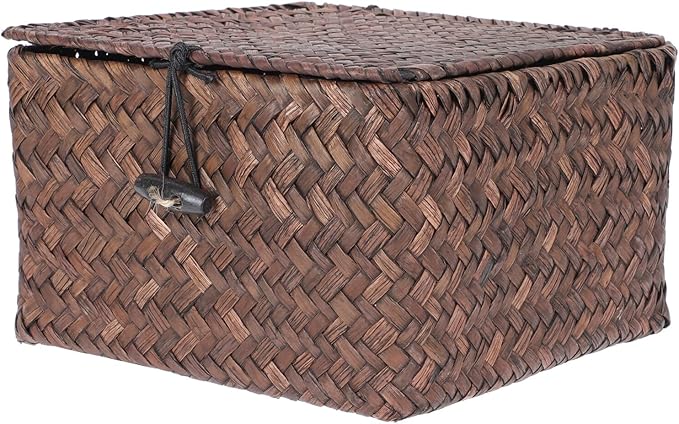DOITOOL Multi-purpose Seagrass Woven Storage Basket with Lid Natural Organizer for Home Sundries Clothes and Desktop Lightweight Decorative Basket for Household Supplies