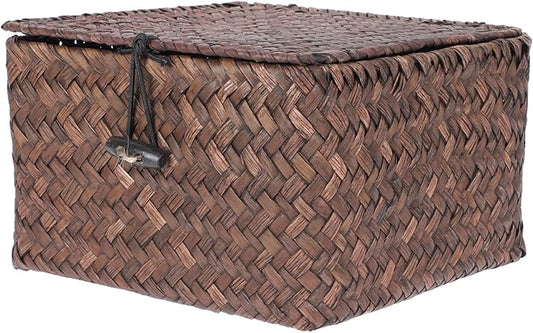 DOITOOL Multi-purpose Seagrass Woven Storage Basket with Lid Natural Organizer for Home Sundries Clothes and Desktop Lightweight Decorative Basket for Household Supplies